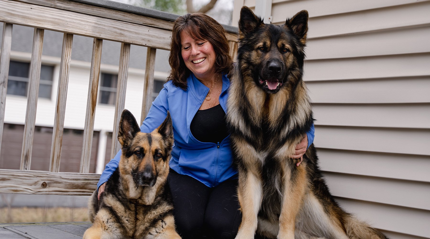 A woman sits between her shiloh shepherd and german shepherd dogs on the patio