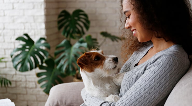 Woman smiling at small dog in her lap